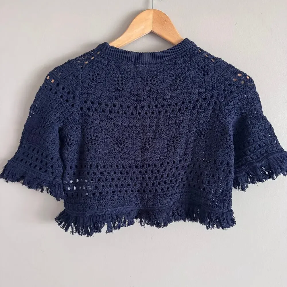 Boden Navy Blue Cropped Fringed Crochet Shirt Size Extra Small New